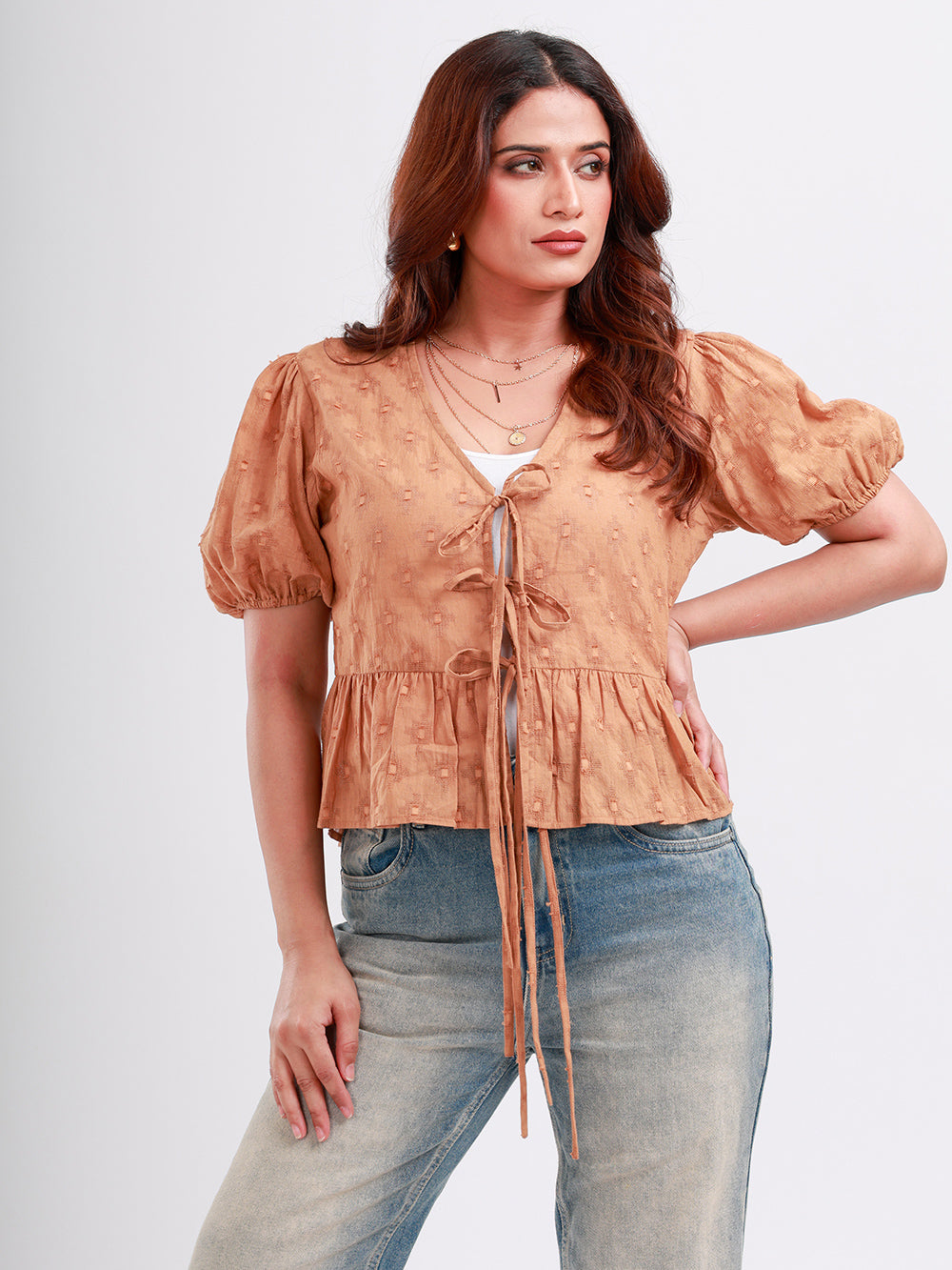 Elya Front Tie-Up Peplum Top Brown